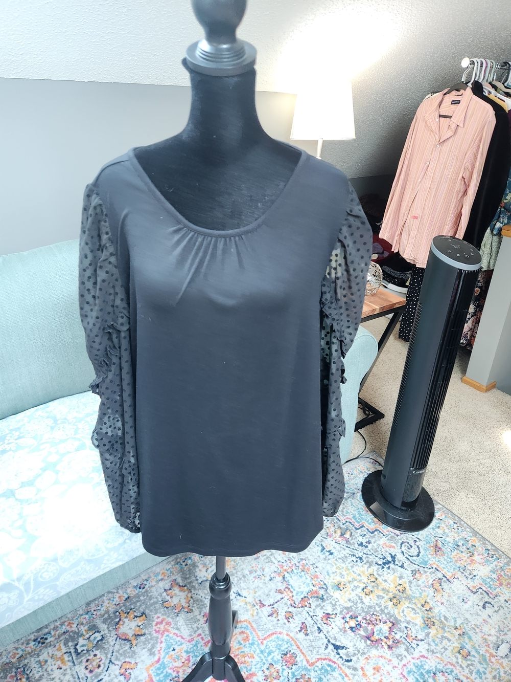 LOFT Black Scoop Neck Top with Sheer Polka-Dot Ruffled Sleeves Large